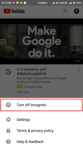 youtube incognito mode trun off