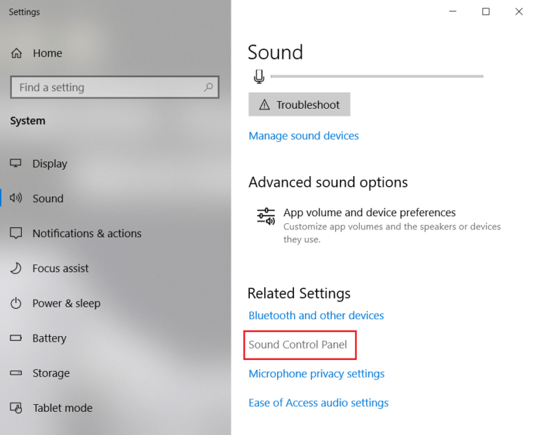 Sound control panel Windows 10