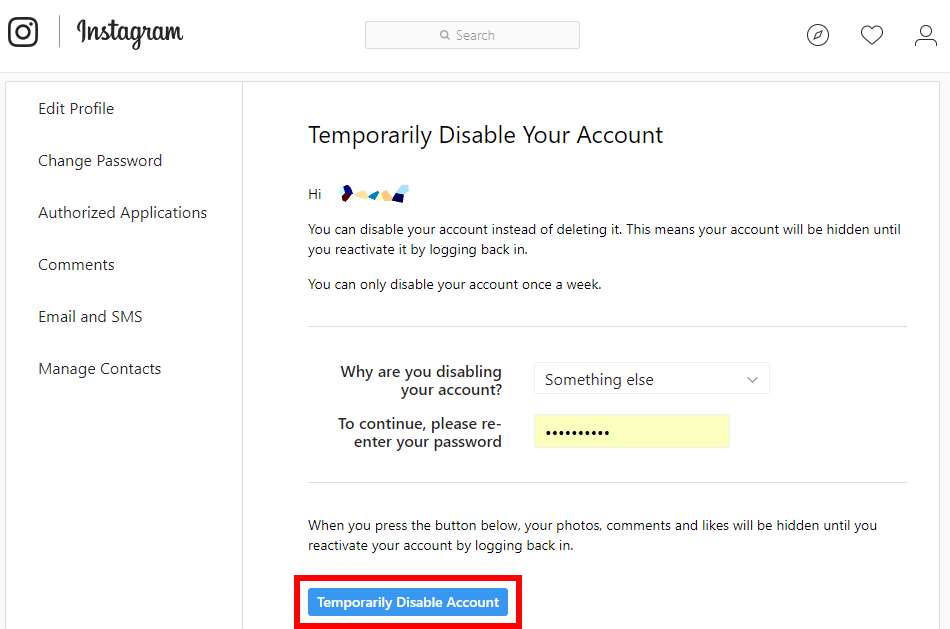 disable instagram account